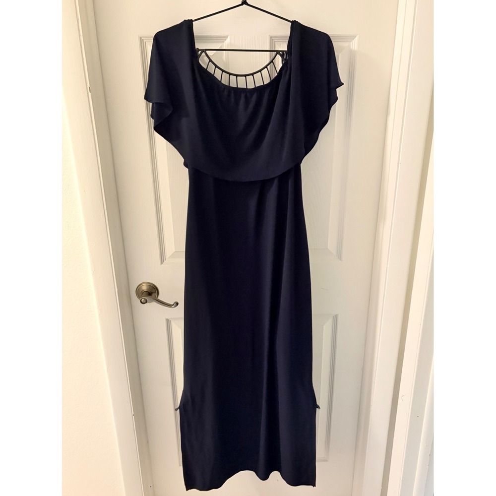 MSK Women's Medium Navy Blue Cape Overlay Flutter Sleeve Maxi Dress